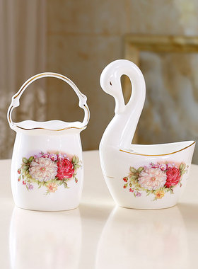 唐山骨瓷金边花篮天鹅装小调羹大汤勺筷子陶瓷收纳筒花朵红色玫瑰