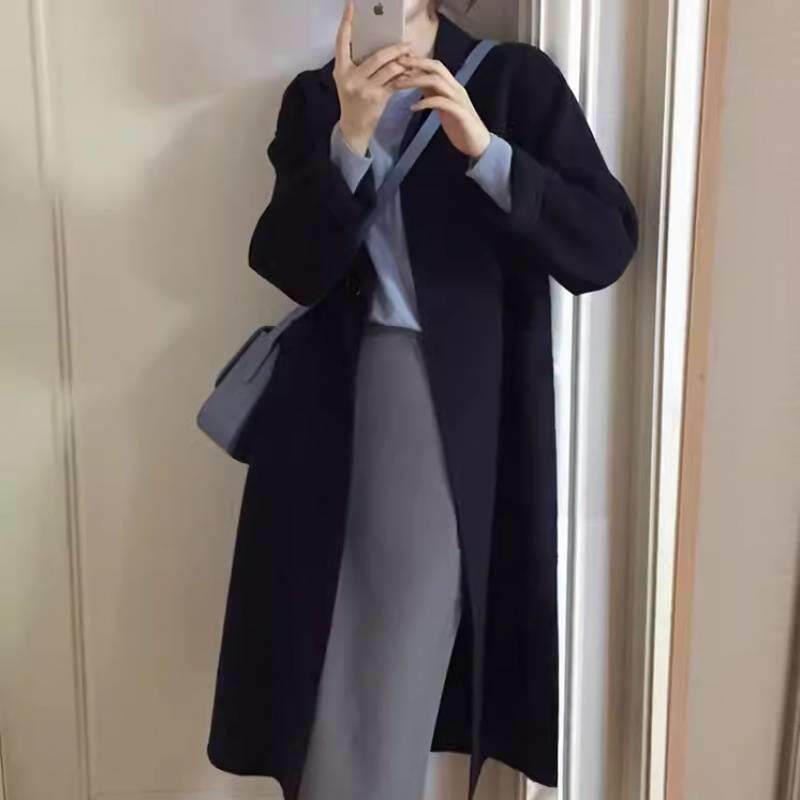 双面羊绒大衣女2024秋季新款中长款黑色赫本风藏蓝色高端毛呢外套