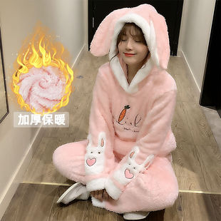 珊瑚绒睡衣女秋冬季加厚保暖学生可爱卡通韩版宽松连帽法兰绒套装
