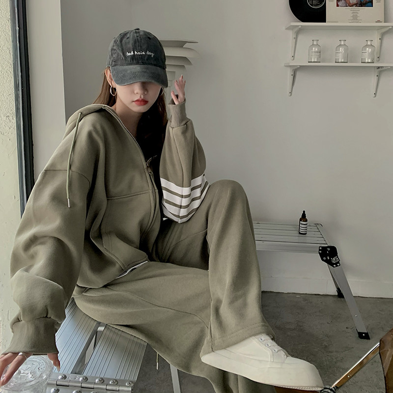 여성을위한 소금 스타일 스트리트 스포츠 정장 봄 가을 신입생 느슨한 후드 티셔츠 캐주얼 인터넷 연예인 투피스 세트 유행