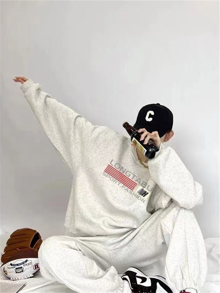 가을 겨울 BF 게으른 느슨한 회색 벨벳 두꺼운 스웨트 셔츠 세련된 투피스 세트 여성을위한 미국의 거리 운동복 정장