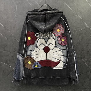 2025冬季重工新款植绒机器猫连帽加绒卫衣外套女宽松休闲时尚上衣