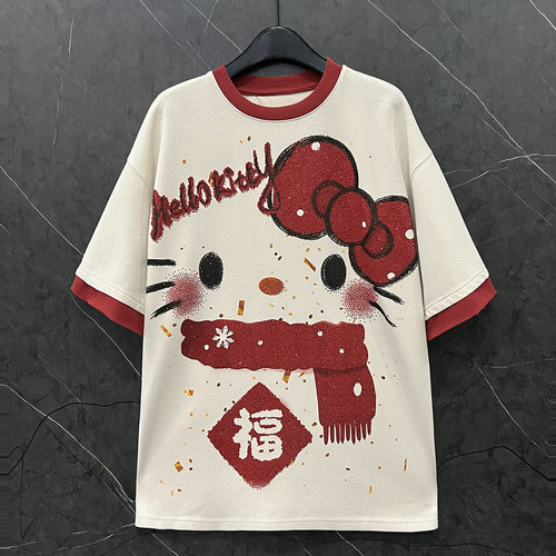 春夏重工新款甜美风烫钻卡通Kitty猫短袖T恤女宽松休闲中长款上衣
