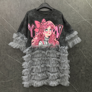 2025夏季新款亮片印花卡通女孩网纱拼接T恤裙女宽松中长款上衣潮