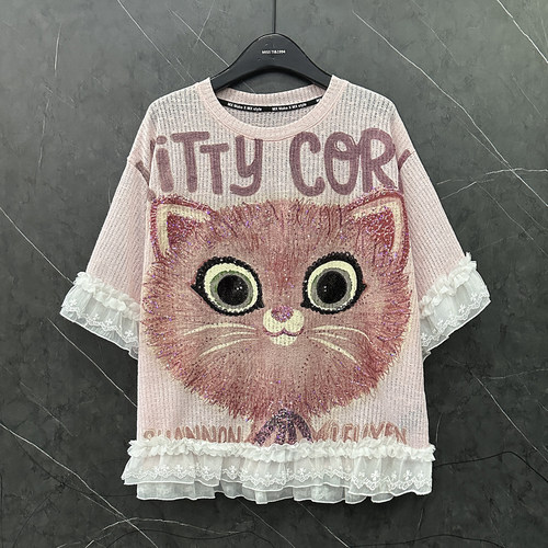 2025夏季新款卡通猫咪蕾丝拼接针织短袖T恤女宽松休闲甜美风上衣
