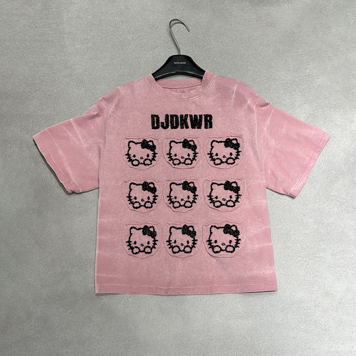 春夏重工卡通亮片贴布Kitty猫短袖T恤女宽松休闲百搭甜美半袖上衣