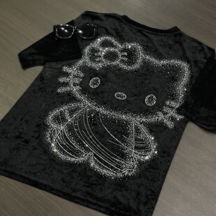 2026夏季新款重工烫钻Kitty猫卡通短袖T恤女宽松减龄休闲半袖上衣