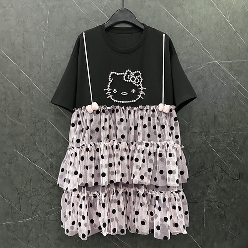 2025夏季新款Kitty猫网纱拼接短袖T恤裙女宽松休闲甜美风减龄上衣
