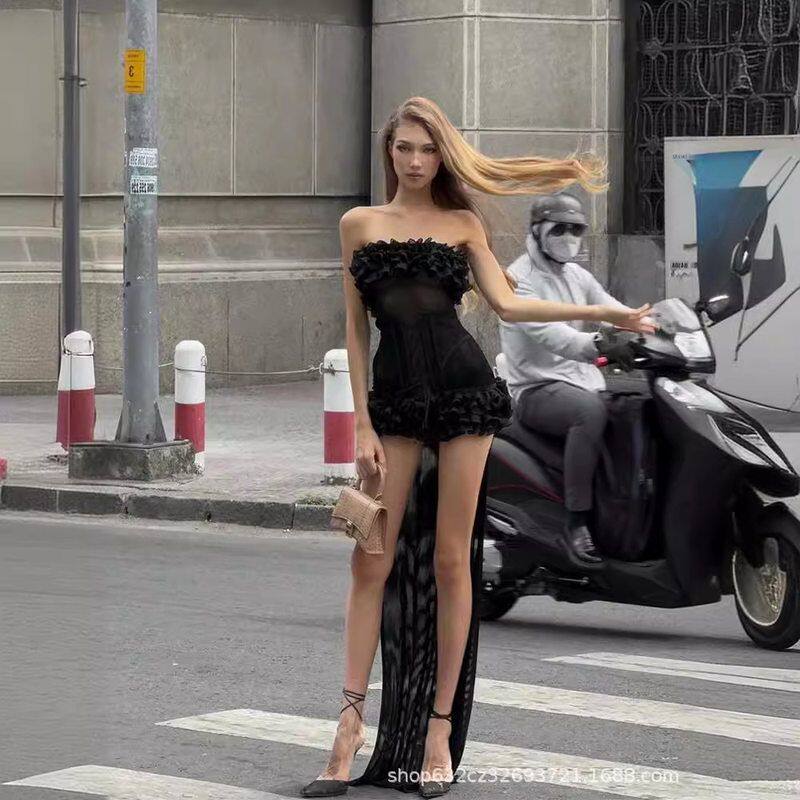 漾漾不好吃同款黑色抹胸连衣裙纯欲风性感辣妹新款名媛修身礼服女