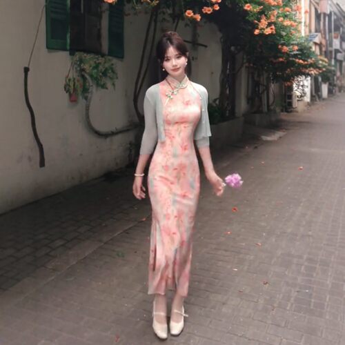 温柔新中式印花修身旗袍连衣裙