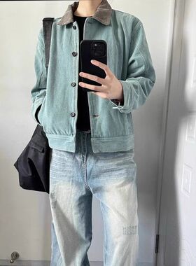 hermitcreate孔雀绿短款正肩外套男秋冬水洗做旧翻领撞色工装夹克