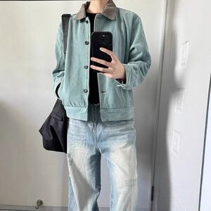 hermitcreate孔雀绿短款正肩外套男秋冬水洗做旧翻领撞色工装夹克