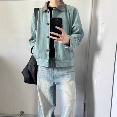 hermitcreate孔雀绿短款正肩外套男秋冬水洗做旧翻领撞色工装夹克