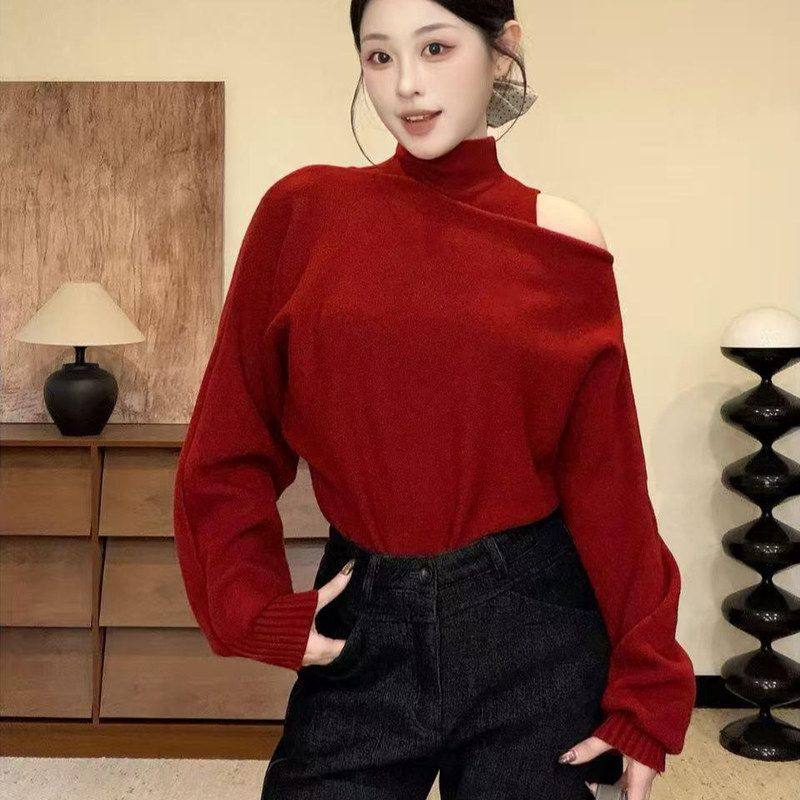 麦小d红色高领背心毛衣两件套秋冬针织一字肩高级感新年套装喜庆