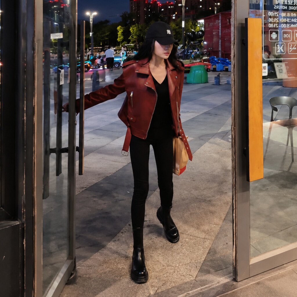 欧雨晴同款机车风短款红色皮衣女