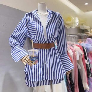 迪迪不畏同款蓝白条纹衬衫裙秋季新款韩版收腰长袖衬衣宽松连衣裙