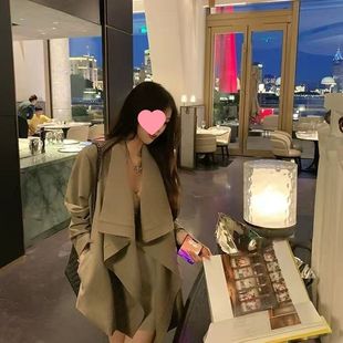 高级时尚 系带收腰显瘦风衣英伦卡绿色无 外套20252025翻领设计新款