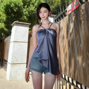 方圆同款吊带上衣紫色挂脖仿醋酸斜肩带不规则气质吊带上衣夏季女