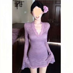 连衣裙春夏 性感辣妹长袖 真名有xue同款 紫色蕾丝包臀裙纯欲喇叭袖