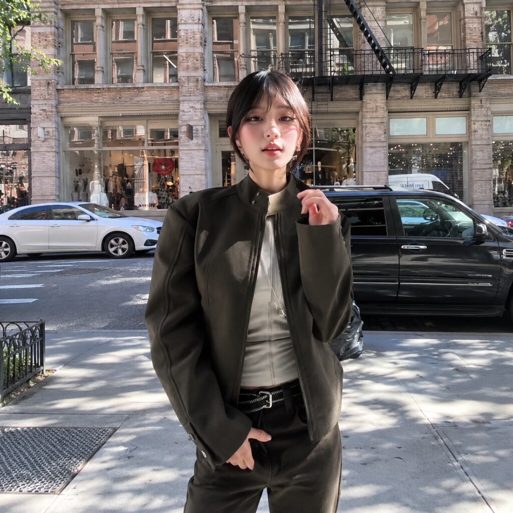 克莱鹅同款复古灰绿立领皮衣女潮