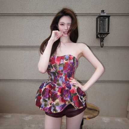 甜美风印花小仙女卢彦汐抹胸上衣纯欲修身显胸褶皱背心油画度假风