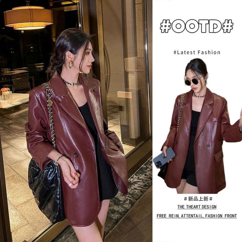 夜刀神狗安哥拉红皮衣外套女春秋季韩版时尚宽松西装皮夹克不挑人