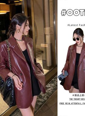 夜刀神狗安哥拉红皮衣外套女春秋季韩版时尚宽松西装皮夹克不挑人