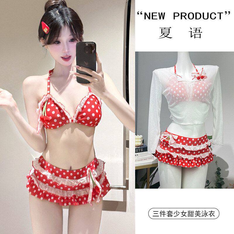 芳便面夏语微琪新款女三件套长袖红色波点收腰可爱分体泳衣纯欲风