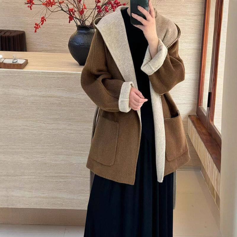 【两面穿】2025年秋冬新款连帽撞色羊毛双面大衣女韩系羊毛呢外套