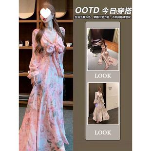 晴允eve法式 蝴蝶结碎花连衣裙女春夏纯欲系带开叉长裙显瘦不挑人