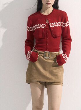 ANMA CUT 费尔岛雪花针织短开衫+修身系带吊带背心两件时尚套装