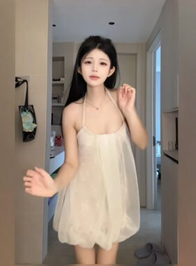 连衣裙女夏网纱花苞裙白色短裙子