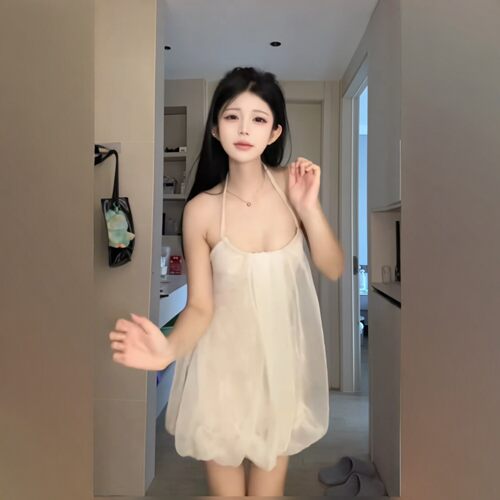 连衣裙女夏网纱花苞裙白色短裙子