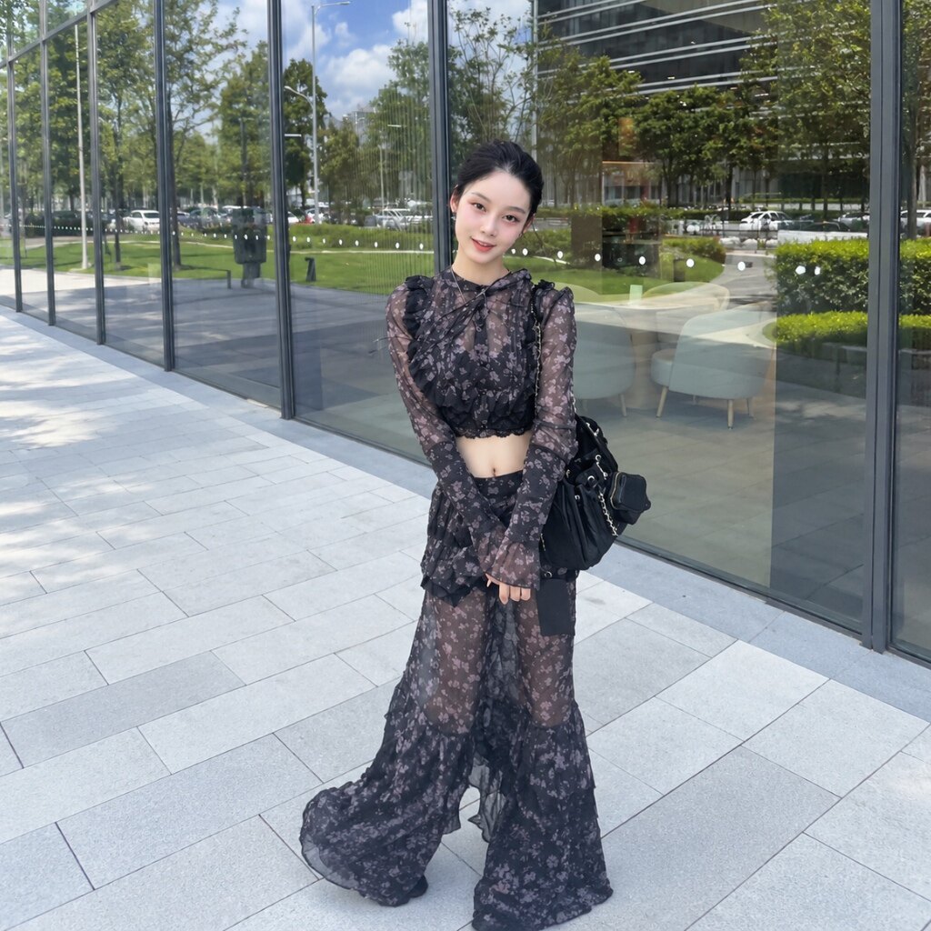 宥瑜同款辣妹碎花衬衫长裙套装