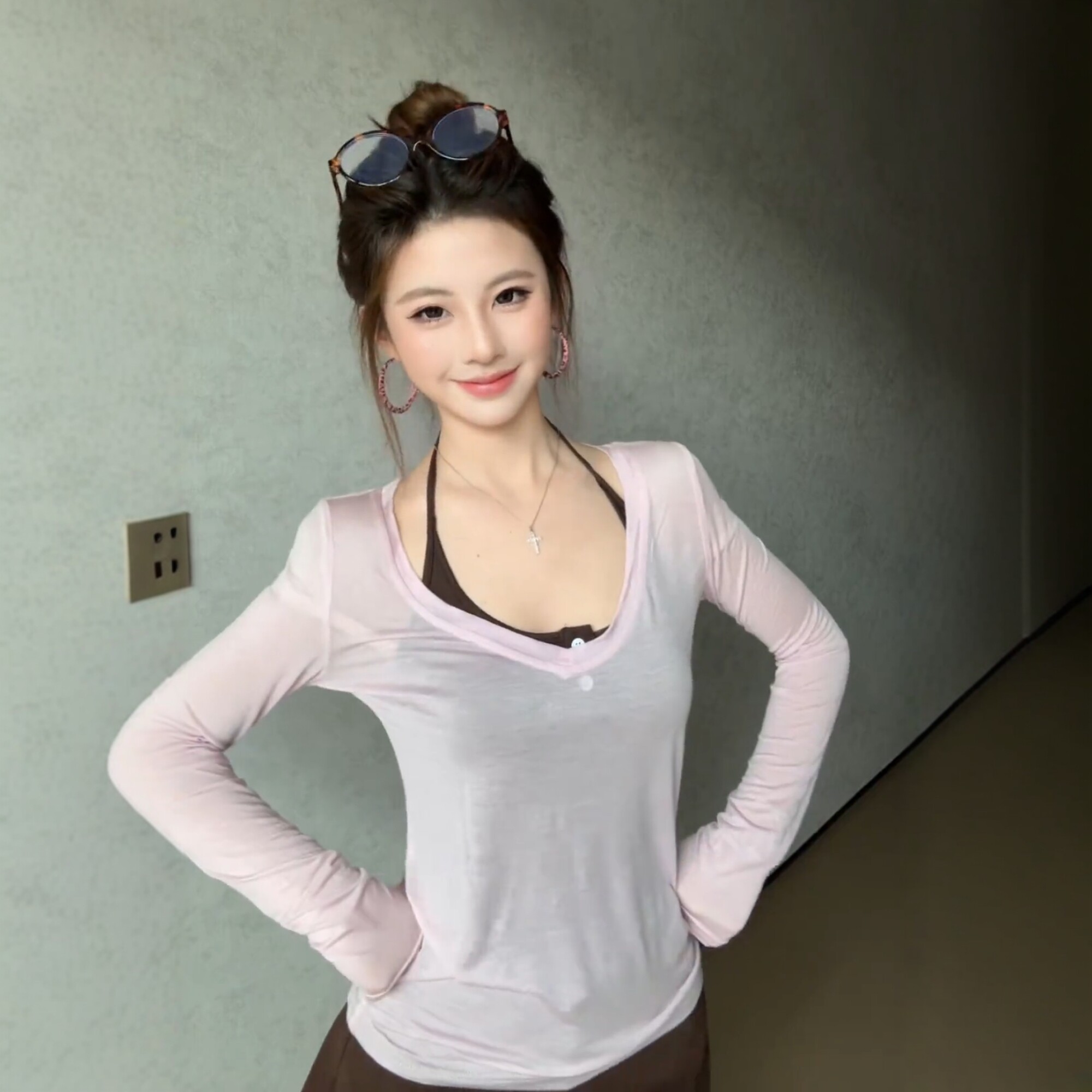张若好同款粉色假两件T恤罩衫女