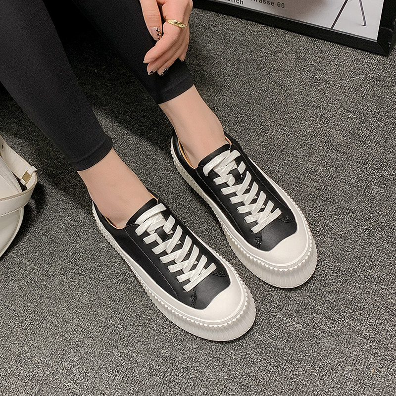 真皮小白鞋女软底新款秋季松糕厚底休闲运动鞋平底系带板鞋饼干鞋