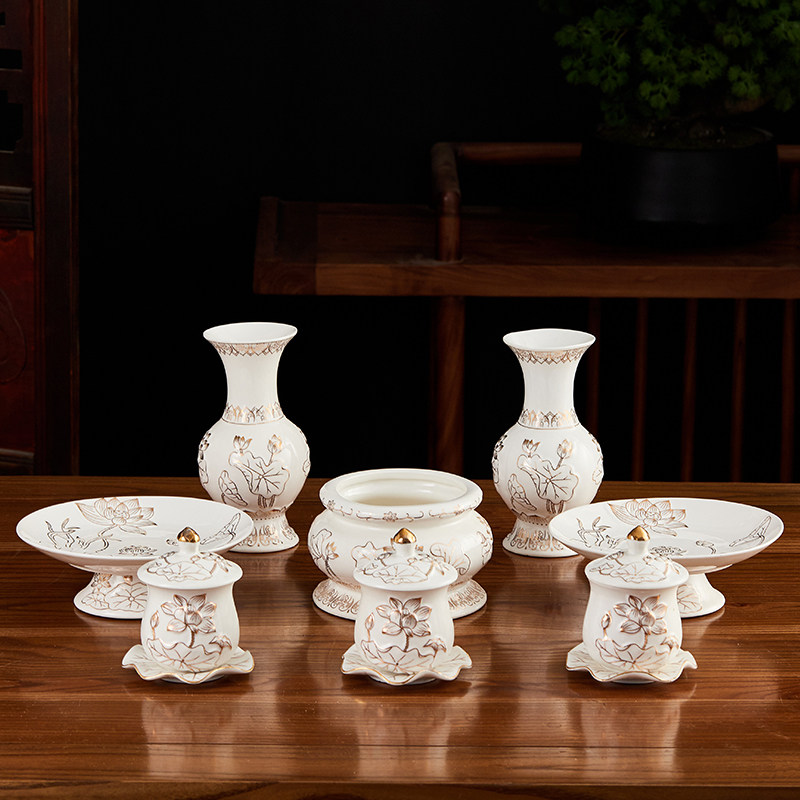 佛具用品供佛佛前供奉套装陶瓷白浮雕水杯香炉花瓶供果盘摆件_虎窝淘