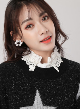 2023新款甜美女孩假领子 夏季半身百褶木耳边花衬衣高领配装饰