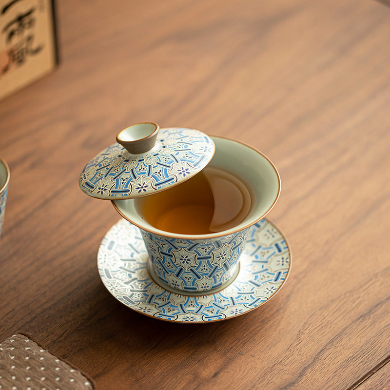 尚程茶杯青花繁花三才盖碗陶瓷茶具马蹄盖碗不烫手泡茶碗可悬停
