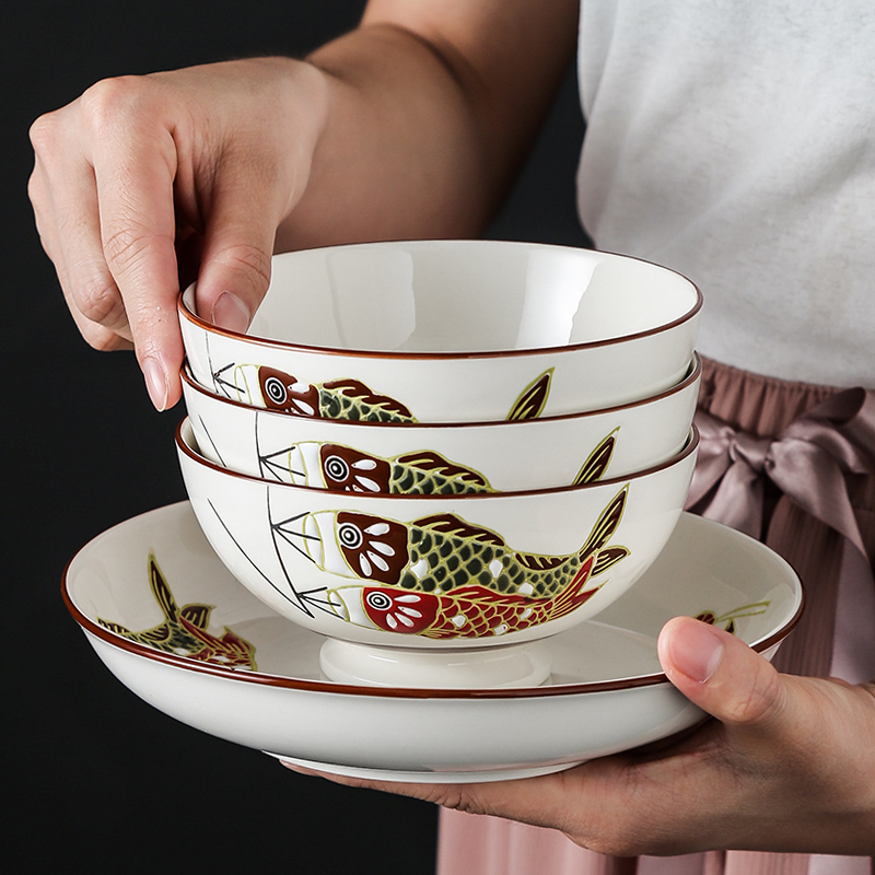 鲤鱼旗日式陶瓷碗家用 创意手绘米饭碗吃饭碗汤面碗 碗筷餐具套装