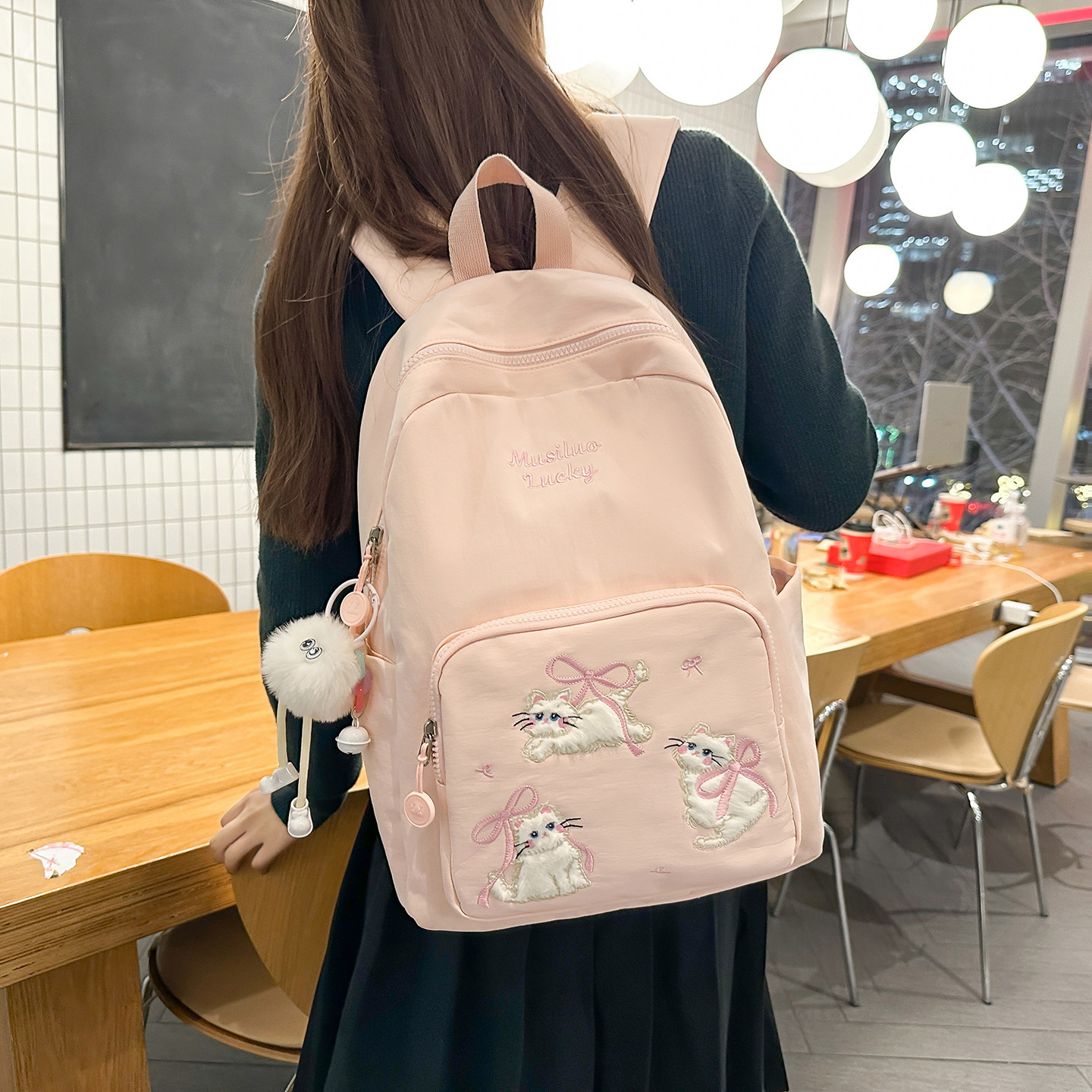 韩版ins风轻便休闲书包女学院风学生可爱猫咪刺绣百搭上课双肩包