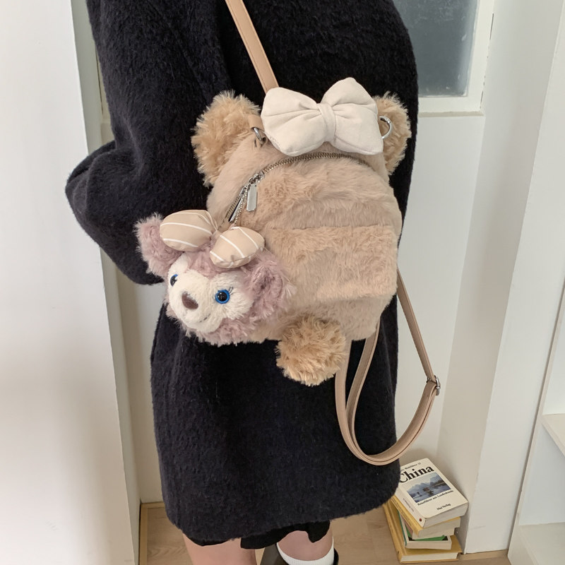 韩系可爱毛绒玫玫熊耳朵双肩包女2025新款秋冬学院风百搭通勤背包