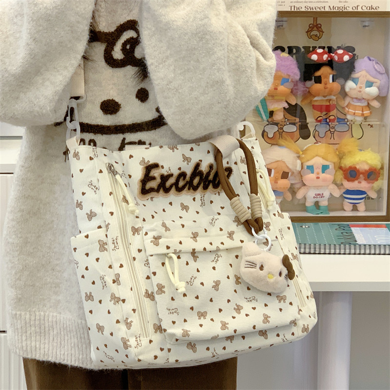 学院风灯芯绒托特包女学生大容量手提补课袋上课单肩包百搭斜挎包