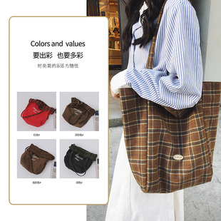 韩系ins慵懒风双面背帆布包2025新款大容量学生党格子单肩托特包