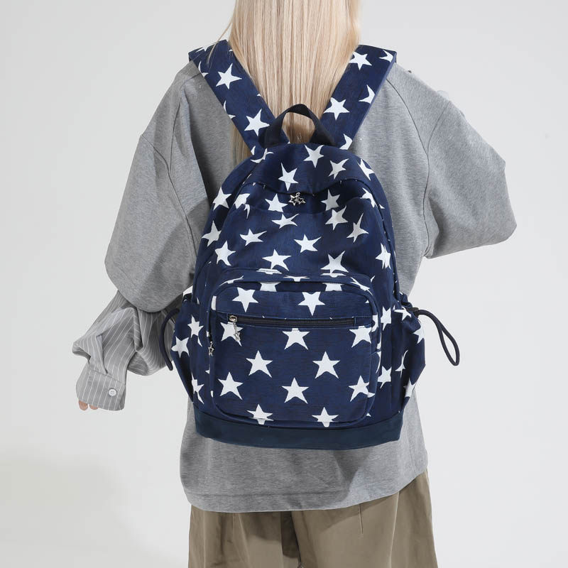 学院风星星双肩包女韩版小众复古条纹书包休闲超轻便情侣旅行背包