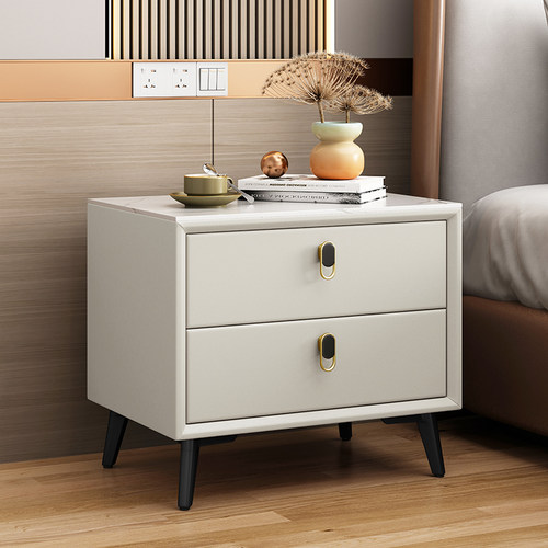 实木岩板床头柜轻奢简约现代猫爪皮高档整装卧室床边艺术储物柜子