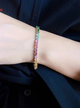 天然碧玺刻面手链纯银镶嵌七彩的旺夫石简单大气女款礼品