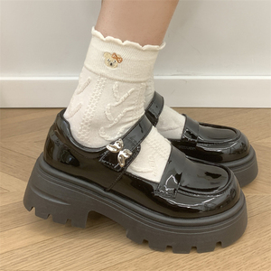 深霖厚底黑色亮皮蝴蝶玛丽珍鞋女2024年新款百搭学院jk制服小皮鞋