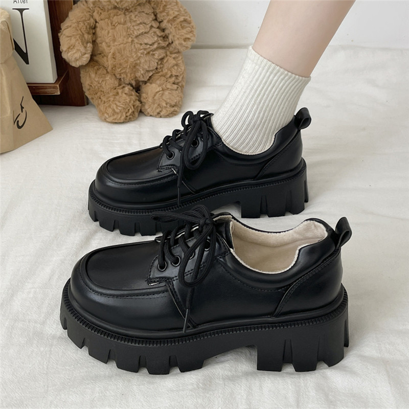 深霖厚底增高加绒小皮鞋女2023年新款秋冬百搭黑色英伦风乐福棉鞋
