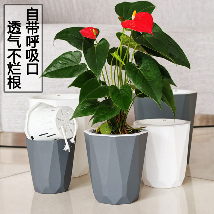 免浇水15天立体棱角哑光双层懒人套盆种小植物树脂八角边储水花盆